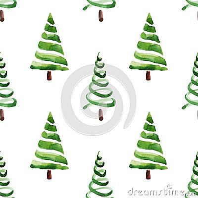 Seamless pattern with delicate green Christmas Tree. Decorative background with hand painted evergreen fores tree. Winter holiday Stock Photo