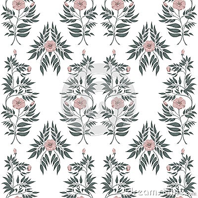 Seamless pattern, delicate pink flower with sharp green foliage on a white background, floral ornament for textile Stock Photo