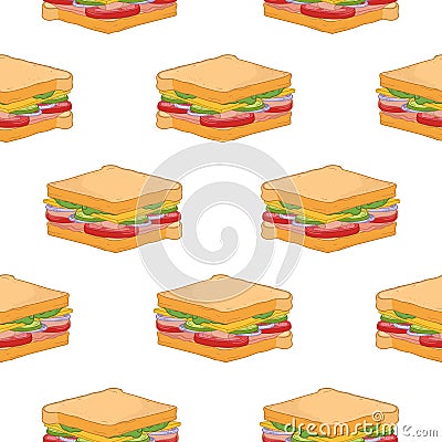 Seamless pattern with delicious sandwiches on white background. Tasty appetizing fast food meal for lunch or dinner Vector Illustration