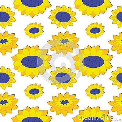 Seamless pattern depicting three types of sunflowers on a white background Vector Illustration