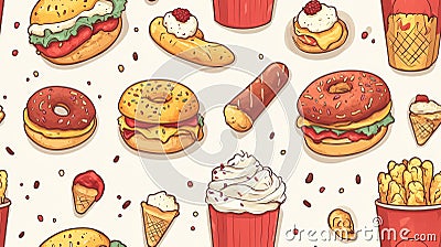 seamless pattern, Description: A playful and colorful pattern of stylized fast food items, generativeAi Stock Photo