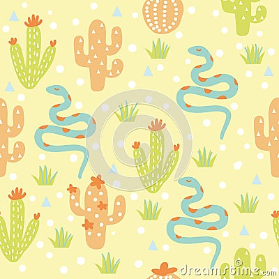 Seamless pattern desert with cactuses and snakes. Vector cactuses and snakes in tender style colors background Vector Illustration