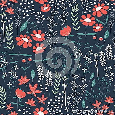 Seamless pattern design with hand drawn flowers and floral elements Vector Illustration