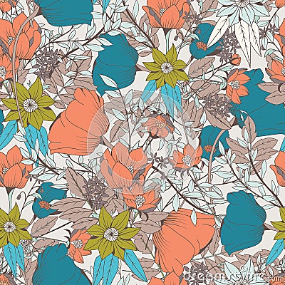 Seamless pattern design with hand drawn flowers and floral elements Vector Illustration