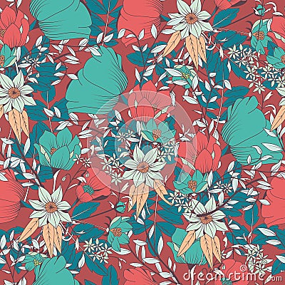 Seamless pattern design with hand drawn flowers and floral elements Vector Illustration