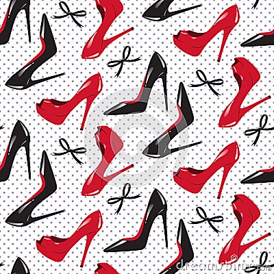 Seamless pattern design red and black glossy high heeled shoes vector illustration. Vector Illustration