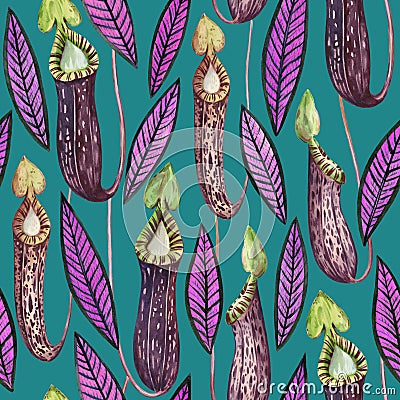 Seamless pattern for design of textile and wallpaper. Colorful neon psychedelic tropical leaves and nepenthes plants. Watercolor Cartoon Illustration