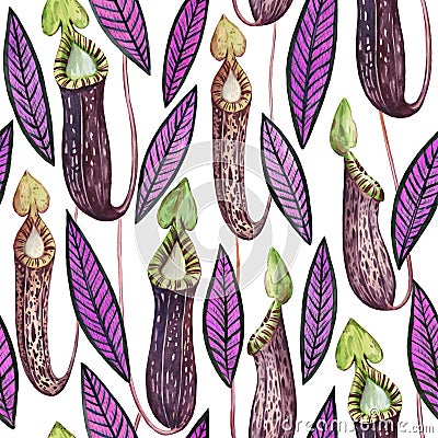 Seamless pattern for design of textile and wallpaper. Colorful neon psychedelic tropical leaves and nepenthes plants. Watercolor Cartoon Illustration