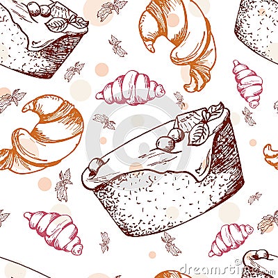 Seamless pattern with desserts. Hand drawn brownie, croissant, pastry. Vector illustration for your design. Vector Illustration