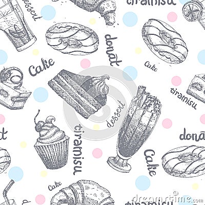 Seamless pattern with desserts hand drawn pancakes and sweet buns sketch cake cream vector illustration. Vector Illustration