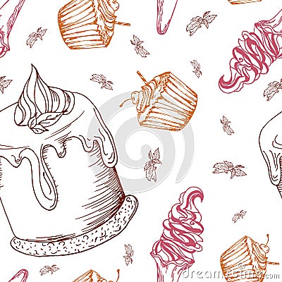 Seamless pattern with desserts. Hand drawn panna cotta, muffin, ice cream. Vector illustration for your design. Vector Illustration