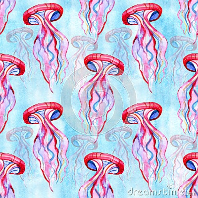 Seamless pattern with detailed transparent jellyfish. Pink and blue sea jelly on blue background. illustration Cartoon Illustration