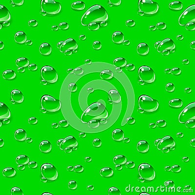 Seamless pattern. Dew drops on green background. Vector Illustration