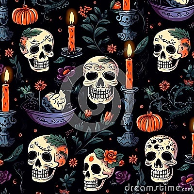 seamless pattern with a Dia de Muertos theme, featuring spooky elements such as skeletons, skulls, candles Stock Photo