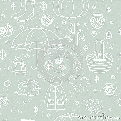 Seamless pattern with different autumn symbols. Linear nature icons background. Vector Illustration