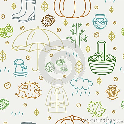 Seamless pattern with different autumn symbols. Linear nature icons background. Vector Illustration