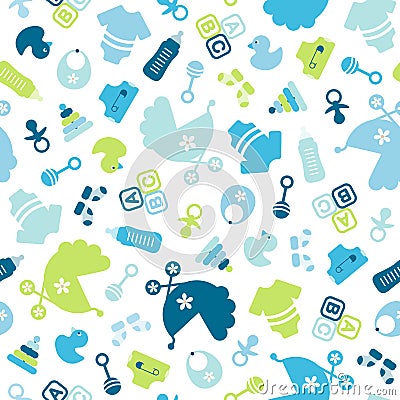 Seamless Pattern Baby Icons Boy Filled Blue And Green Vector Illustration