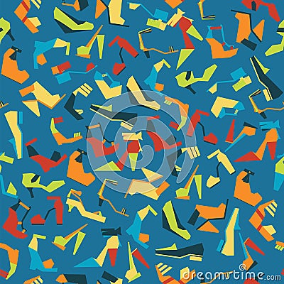 Seamless pattern with different beautiful shoes on blue background. Vector illustration with sandals, shoes and heels. Tileable de Cartoon Illustration