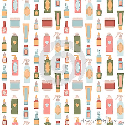 Seamless pattern of different bottles, flacons, sprays for design cosmetic products in flat vector illustration Vector Illustration