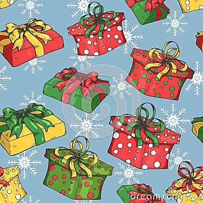 Holiday seamless pattern with presents/giftboxes/Christmass and New Year pattern Vector Illustration