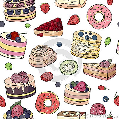 Seamless pattern with different cakes and pastry on white background Stock Photo