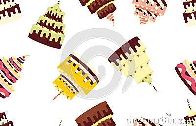 Seamless pattern with different cakes on a white background. Vector Illustration