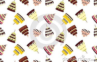 Seamless pattern with different cakes on a white background. Vector Illustration