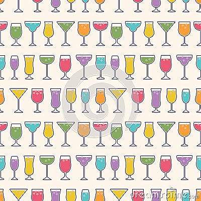 Seamless Pattern with DIfferent Cocktails in Rows. Vector Illustration