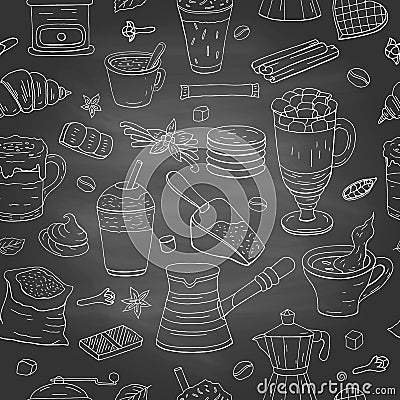 Seamless pattern with different coffee elements on chalkboard. Coffee collection Stock Photo