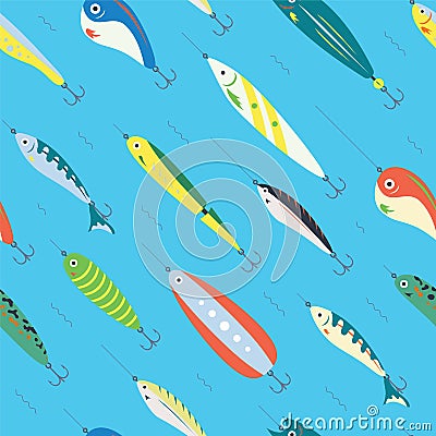 Seamless Pattern Different Color Fishing Bait with Big and Small Cartoon Fishes in the Ocean or Sea. Vector Illustration