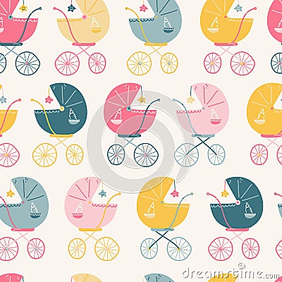 Seamless pattern with different colors baby prams, vintage simple style. Vector Illustration