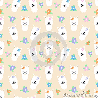 Seamless pattern with different doggy muzzles and colorful flowers. Vector Illustration