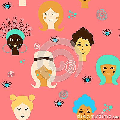 Seamless pattern with different ethnicity female faces on a pink background. Vector drawing for International womens day. Vector Illustration