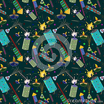 Seamless pattern of different firecrackers with oil lamp on dark rich background. diwali festival pattern. Vector Illustration