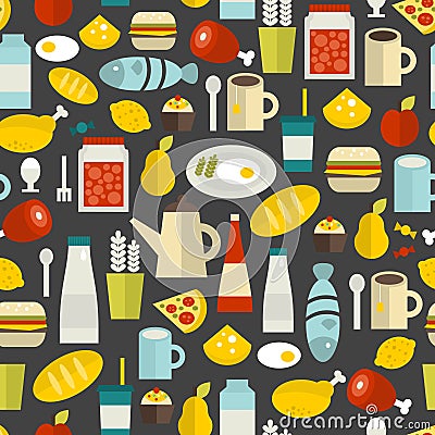 Seamless pattern with different food and drinks. Vector Illustration