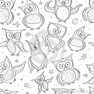 Seamless Pattern With Different Funny Owls. Creative Hand Drawn Texture Vector Illustration