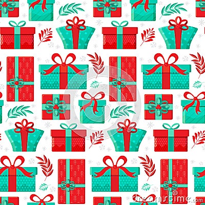 Seamless pattern different gift boxes in vector. Gift in flat style. Collection for Christmas, birthday and holidays. Christmas Stock Photo