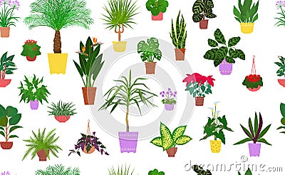 Seamless pattern from different house plants in colorful flower pots. Vector. Vector Illustration