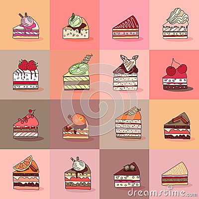 Seamless pattern with different kinds of cake slices. Sweet desserts, various taste. Stock Photo