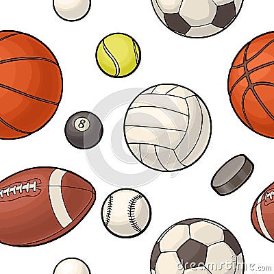 Seamless pattern different kinds sport balls. Color vector flat illustration Vector Illustration