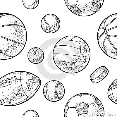 Seamless pattern different kinds sport balls. Vintage vector engraving Vector Illustration
