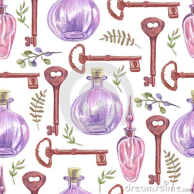 Seamless pattern with different leaves, bottles and retro key cut out on white background. Purple and warm green color. Dried Stock Photo