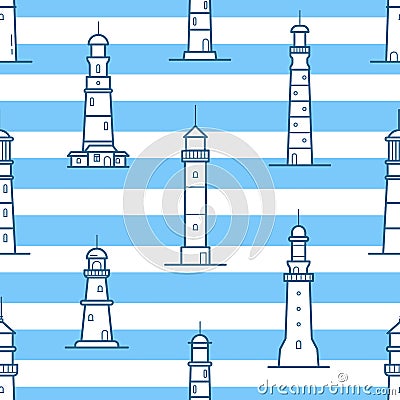 Seamless pattern with different lighthouses drawn with contour lines on striped background. Backdrop with towers for Vector Illustration