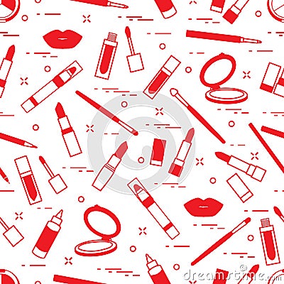 Seamless pattern of different lip make-up tools. Vector illustration of lipsticks, mirror, lip liner, lip gloss and other. Vector Illustration