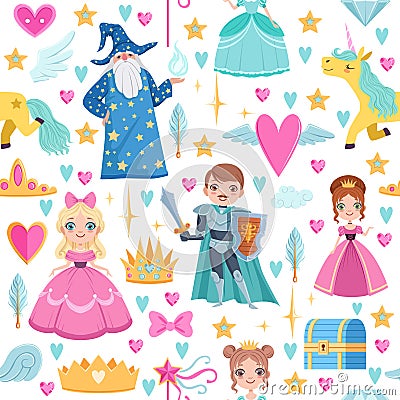 Seamless pattern with different magic elements. Fairytale illustrations in cartoon style Vector Illustration