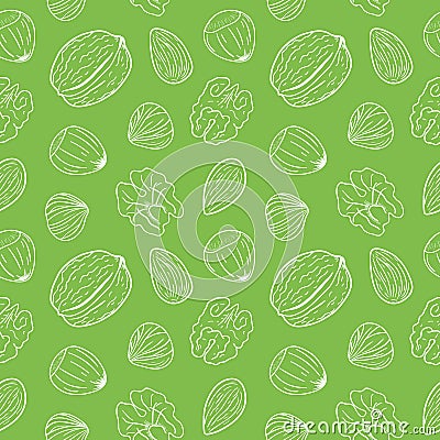 Seamless pattern with different nuts, whole and shelled. Walnuts, almonds, hazelnuts. Mix of nuts. Vector Illustration