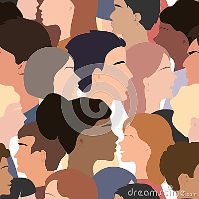 Seamless pattern of different people profile heads. Humans of different gender, ethnicity, and color. Vector background Vector Illustration