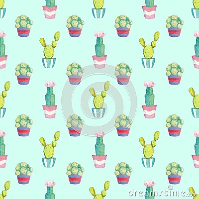 Seamless pattern with different green cacti in multi-colored pots Stock Photo