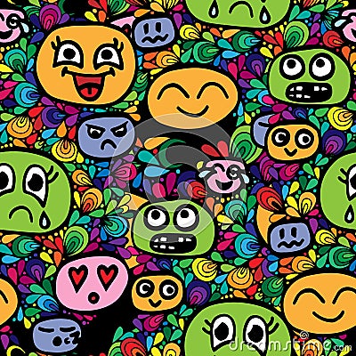 Seamless pattern with different smiles head on abstract frame Vector Illustration