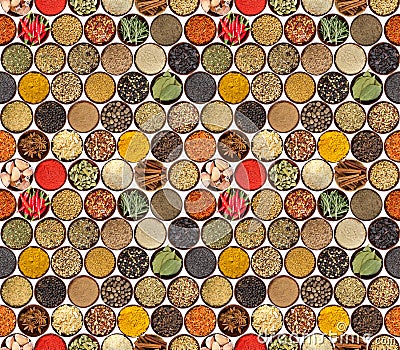 Seamless pattern with different spices isolated on white background. Stock Photo